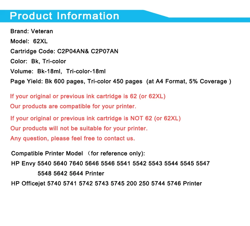 Чернильный картридж Veteran 62XL совместимый с hp 62 xl hp62 для Envy 5540 5640 7640 5646 5541 5740 5742 200 250