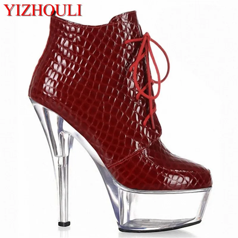 

6 inch high heels platforms dinner party Banquet black gladiator ankle boots 15cm spool heel shoes for women Exotic Dancer shoes