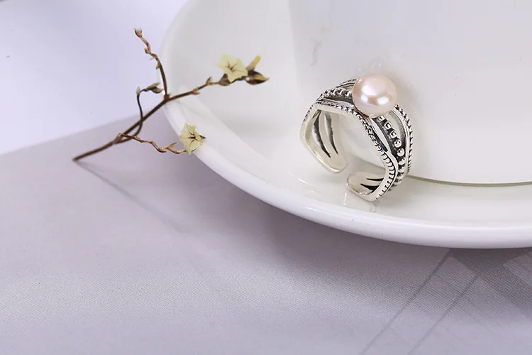 KJJEAXCMY jewelryar S925 чистого серебра, натуральный жемчуг, простой, в ретро-стиле с перфорацией и с открытым, кольцо на палец