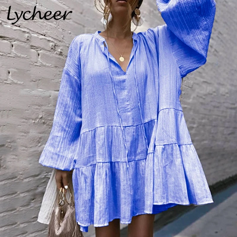 Lycheer Плюс Размер Повседневное кружевное платье с рюшами для женщин свободное
