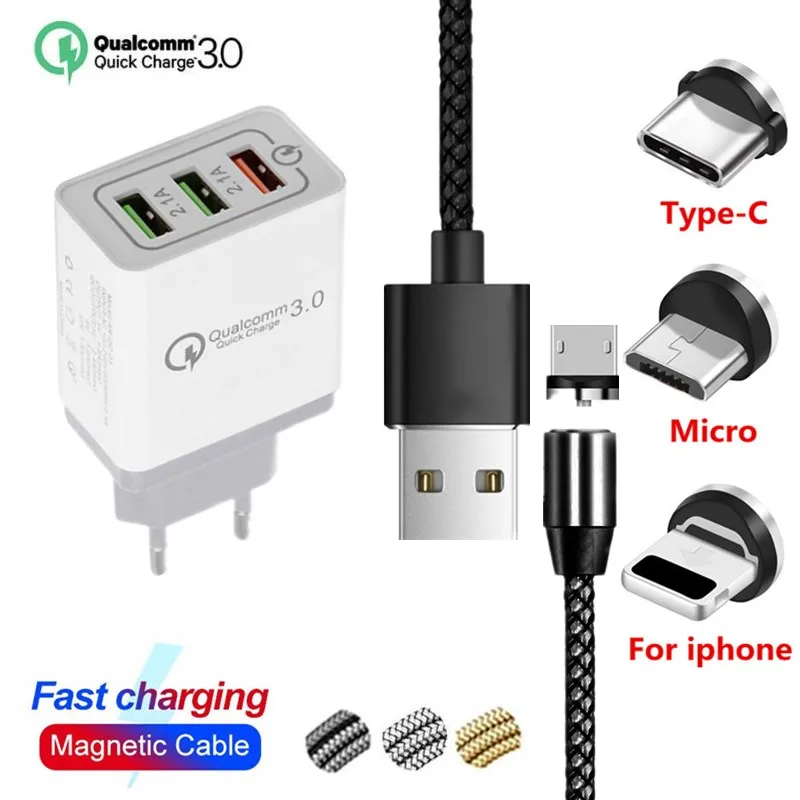 Быстрый Магнитный зарядный кабель для iPhone 5 5S 6 7 8 plus Xiaomi Redmi 7 6 Go samsung huawei Sony, Nokia Quick Charge 3,0 USB зарядное устройство
