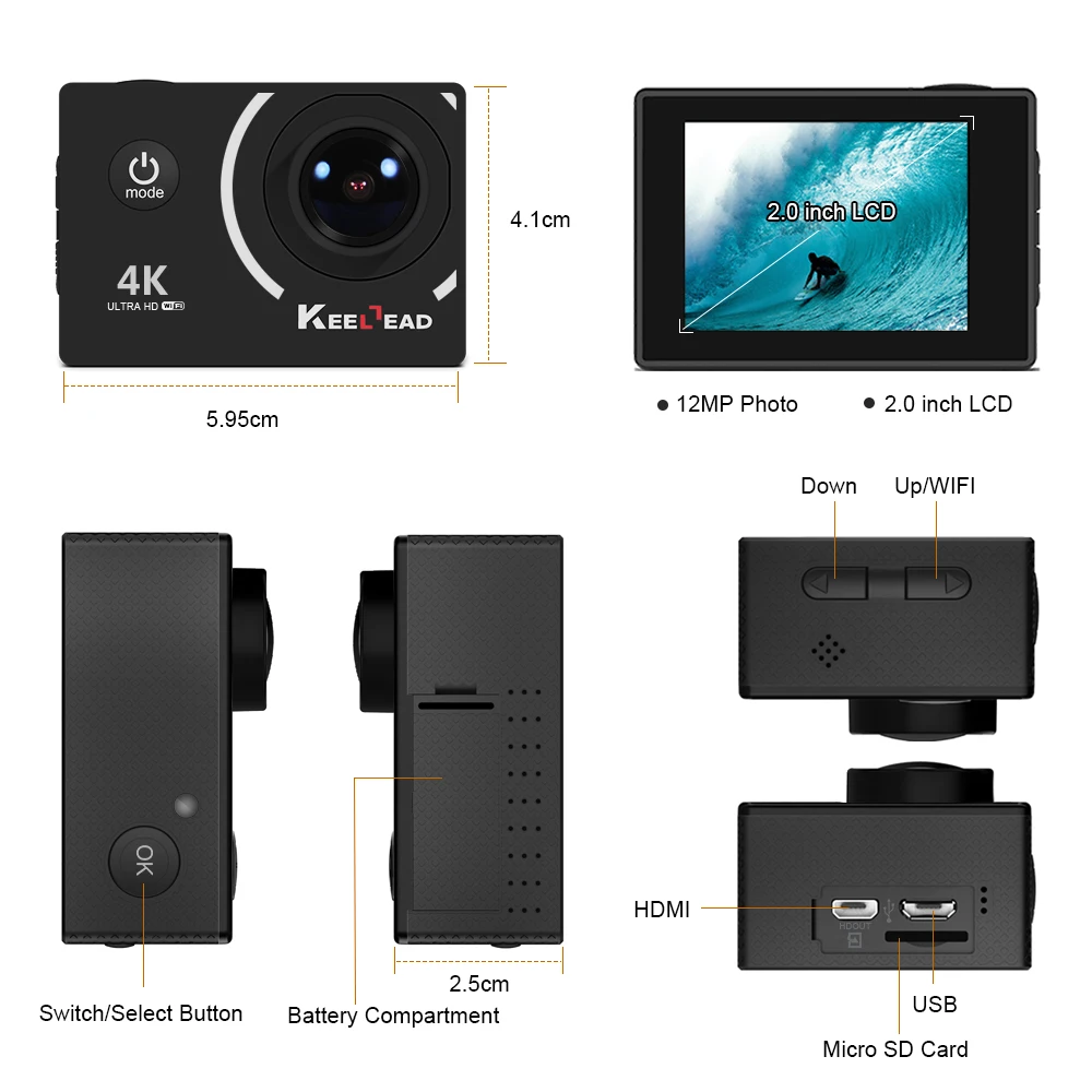 KEELEAD 4 K экшн камера 1080 P 60fps 12MP с WiFi 2 0 &quotэкраном 170 широкоугольный объектив