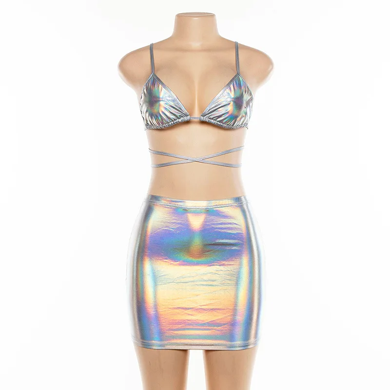 Женский комплект из 2 предметов серебристая голографическая юбка с перекрестной