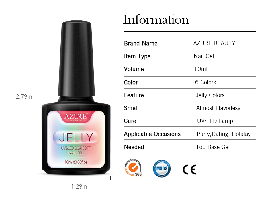 Azure beauty, 6 шт./лот, 10 мл, летняя серия, Желейный цвет, гель, Желейный лак для ногтей, УФ-гель, замачиваемый, УФ светодиодный, Полупостоянный гель для дизайна ногтей
