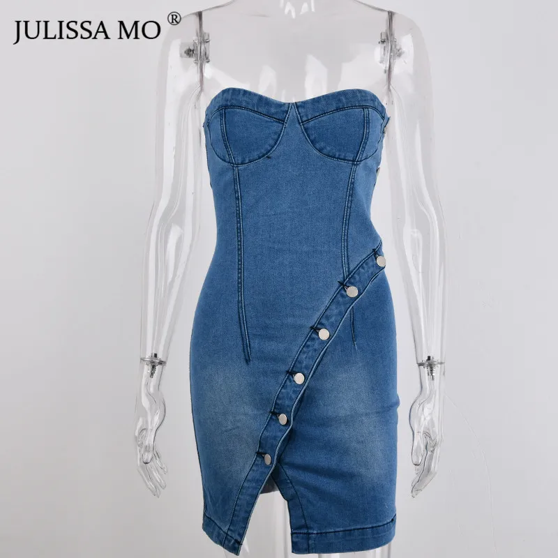 Julissamo без бретелек Разделение пикантные джинсовые Bodycon платье Для женщин Off