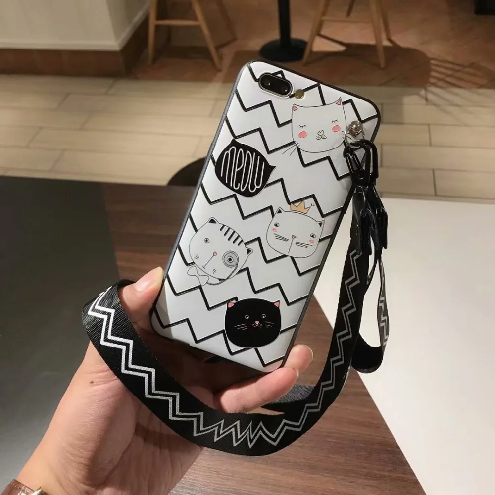 Phone Case For OPPO A57 A59 R15 R11 S R11s Plus R9 R9s Luxury Cute Cat Ripple Cover with lanyard holder Fundas Coque |