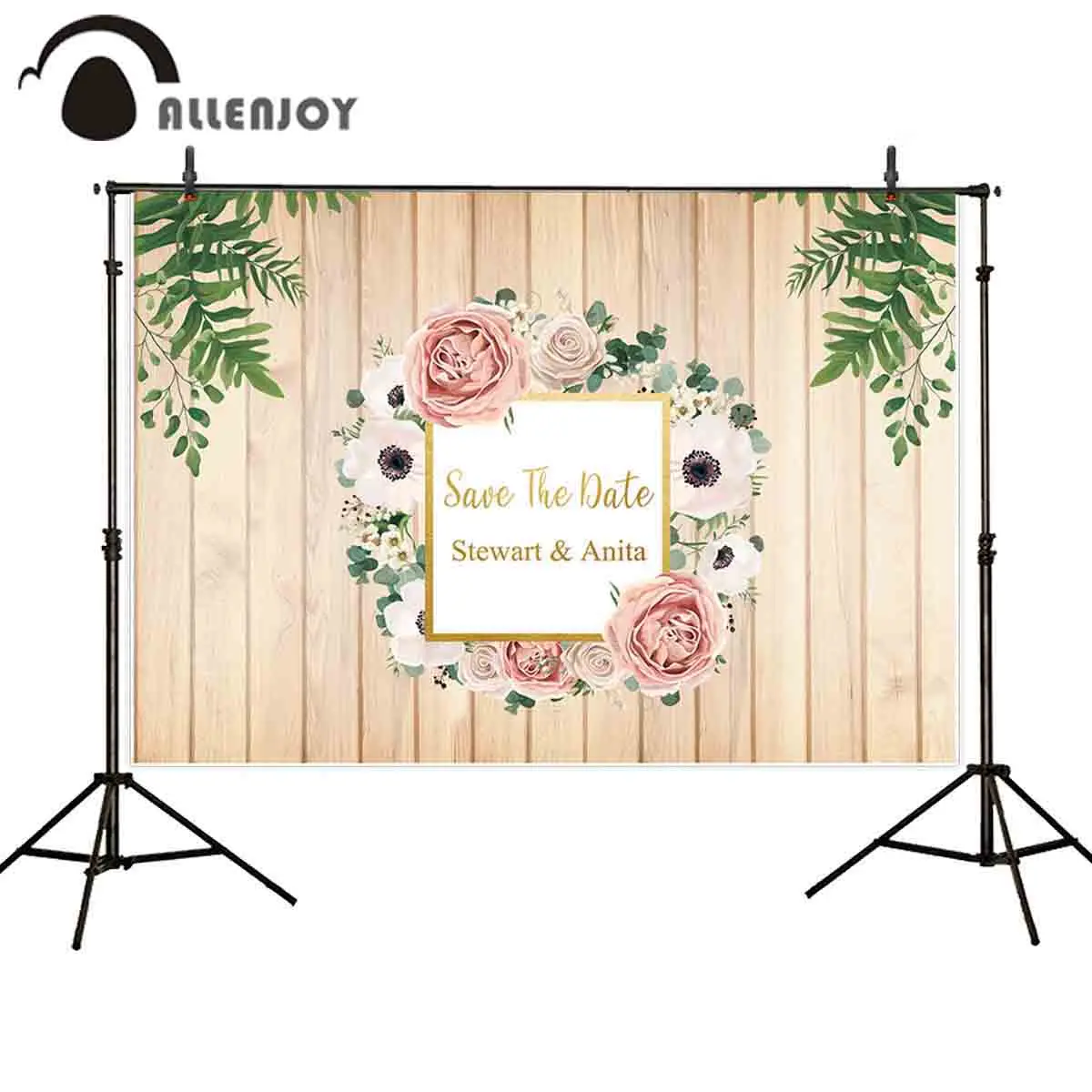 

Allenjoy wedding photography backdrop wooden wall pink roses frame save the date romantic customize background photobooth props