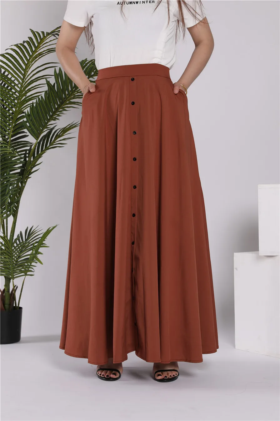 WEPBEL Arab Dubai Fashion Muslim Women Long Skirt High Waist Button Pure Color Big Pendulum Plus Size Elegant S-5XL