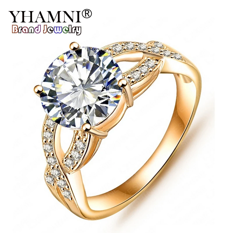 YHAMNI дизайн роскошный позолоченный круглый 2 карат SONA CZ Diamant Обручение обручальные кольца для Для женщин R0013