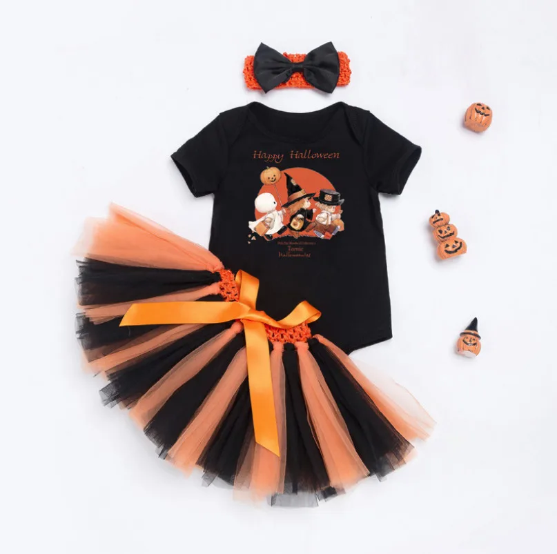 Hot Newborn Baby Girls Rompers Children Pumpkin Print Jumpsuit Tutu Skirt 3 piece Clothing Set Kids Halloween Party Outfits Gift | Мать и
