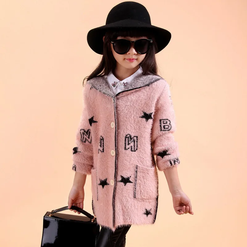 

New Autumn and Winter Children Wear Girls Sleeve Cardigan Sweater Knitted Mohair Star Girls Cardigan