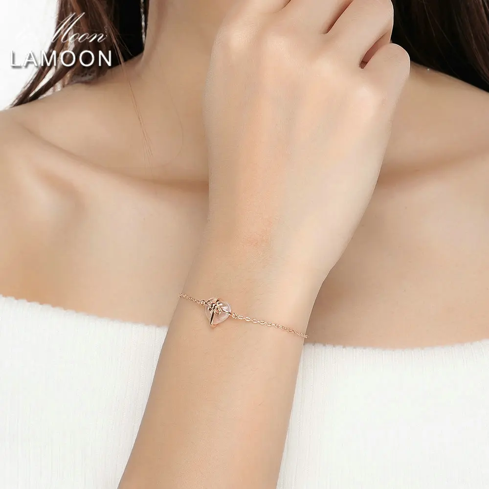 Женский браслет из стерлингового серебра 925 пробы в форме сердца, браслет из розового кварца с покрытием из розового золота 18 К LMHI047
