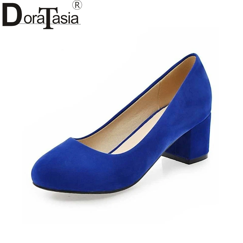 

DoraTasia Plus Size 32-43 Lady Women Pumps Fashion Square Heel OL Shoes Woman Casual Dress Flock Upper Round Toe Platform Pumps