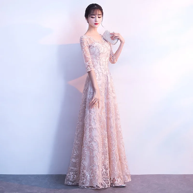 New Evening Dresses Long Formal Elegant A-Line Plus Size Half Sleeve Fashion Lace Wedding Guest Dress Party Gown Vestidos ES1573