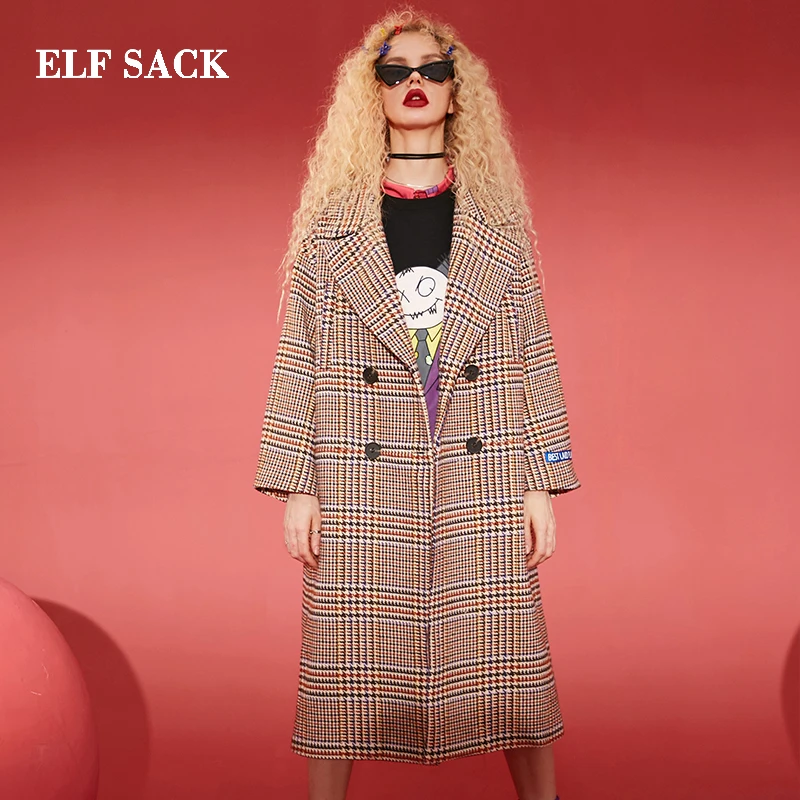 ELFSACK Зимние новые стильные шерстяные пальто длинные клетчатые повседневные
