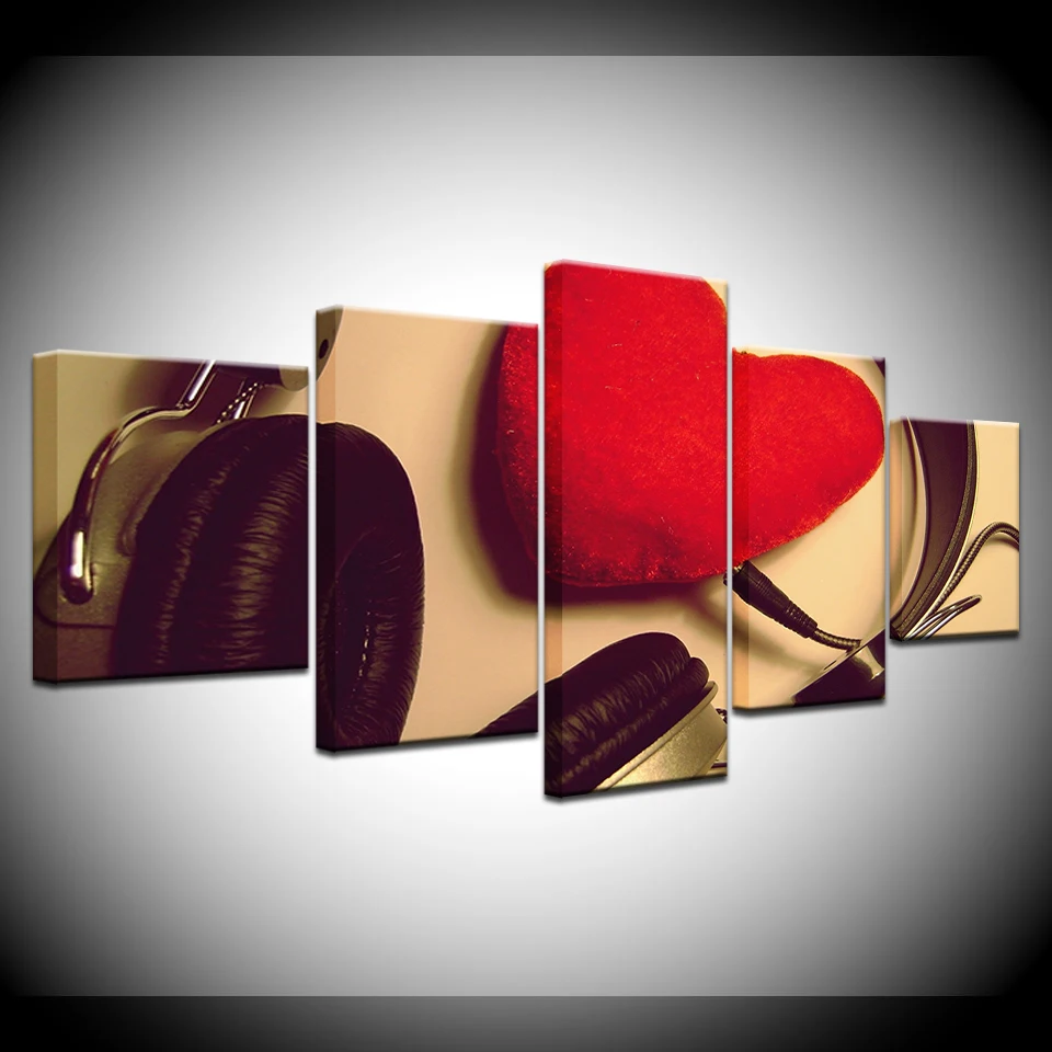 5 Panel/piece HD Print Take headphones red heart love fashion wall posters Canvas Art Painting For home living room decoration | Дом и сад