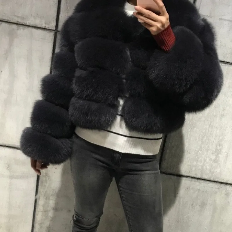 FURSARCAR New Fashion Natural Real Blue Fox Fur Women Natural Genuine Fur Jackets Coats Female 5 Row Short Outerwear Girls - Color: Black