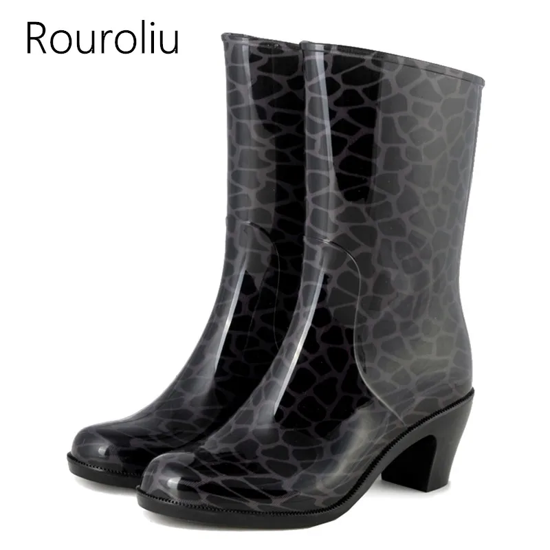

Rouroliu/женские резиновые сапоги до середины икры на высоком каблуке, резиновые сапоги из ПВХ, непромокаемые сапоги, женские резиновые сапоги, ...