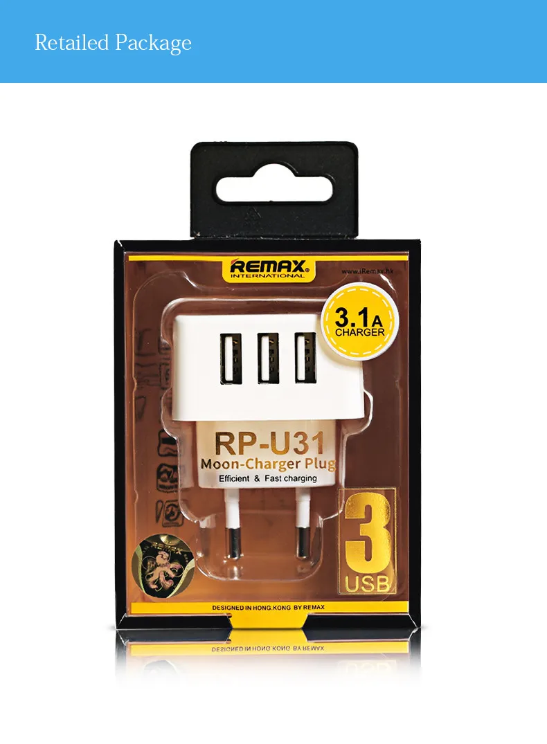 Remax портативное 2-портовое USB зарядное устройство для телефона EU/UK вилка