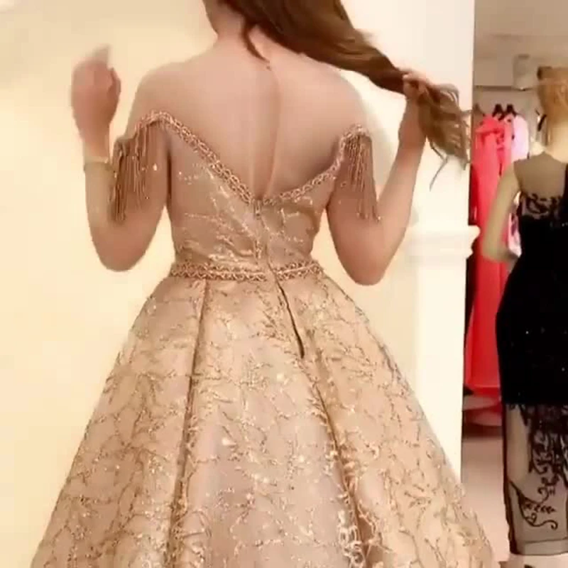 ANGEL NOVIAS Длинное Элегантное Пышное Золотое блестящее кружевное кафтановое арабское вечернее платье с кисточками sukienka dluga