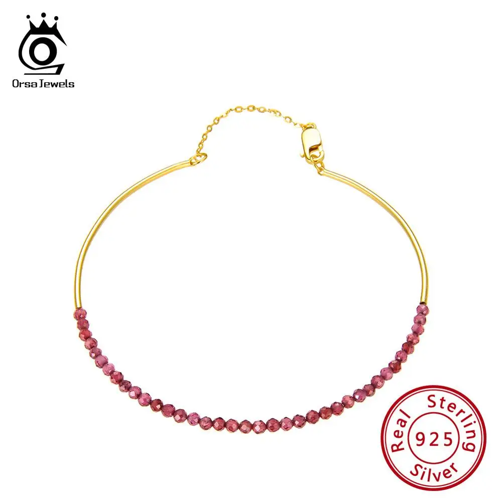 ORSA JEWELS Настоящее серебро 925 пробы женские браслеты красный гранат натуральный золотой камень цветной браслет черный камень 925 серебряные ювелирные изделия OSB46