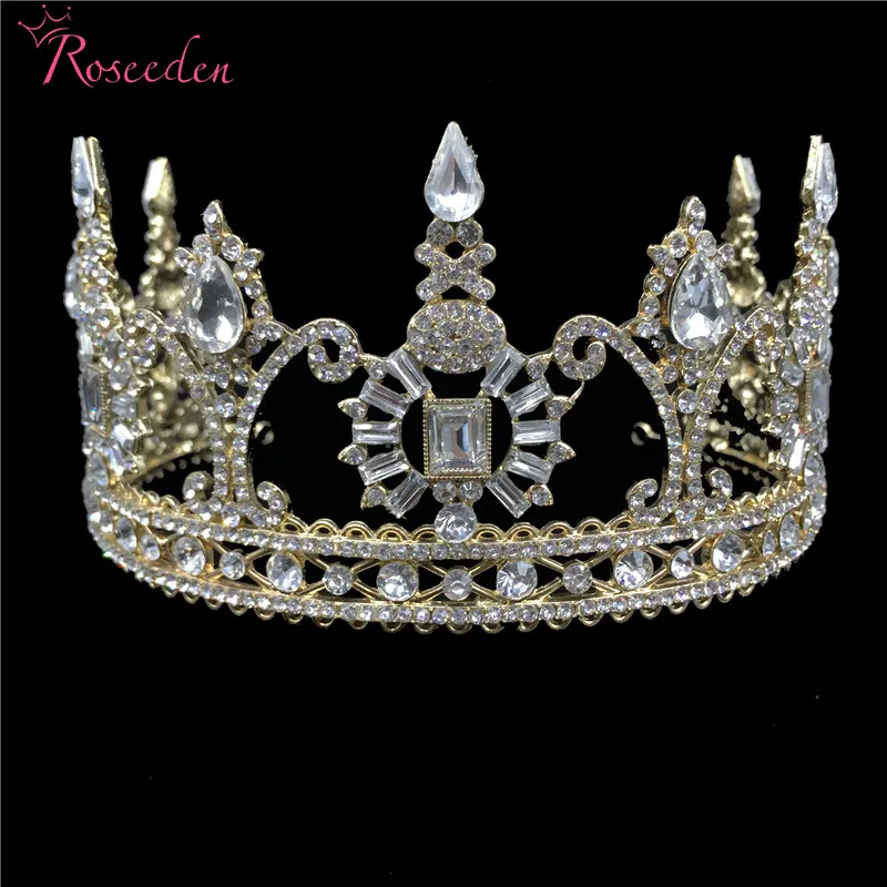 

Vintage European Princess Queen Pageant Tiara Crown Big Gold Crystal Diadem Wedding Hair Accessories RE3027