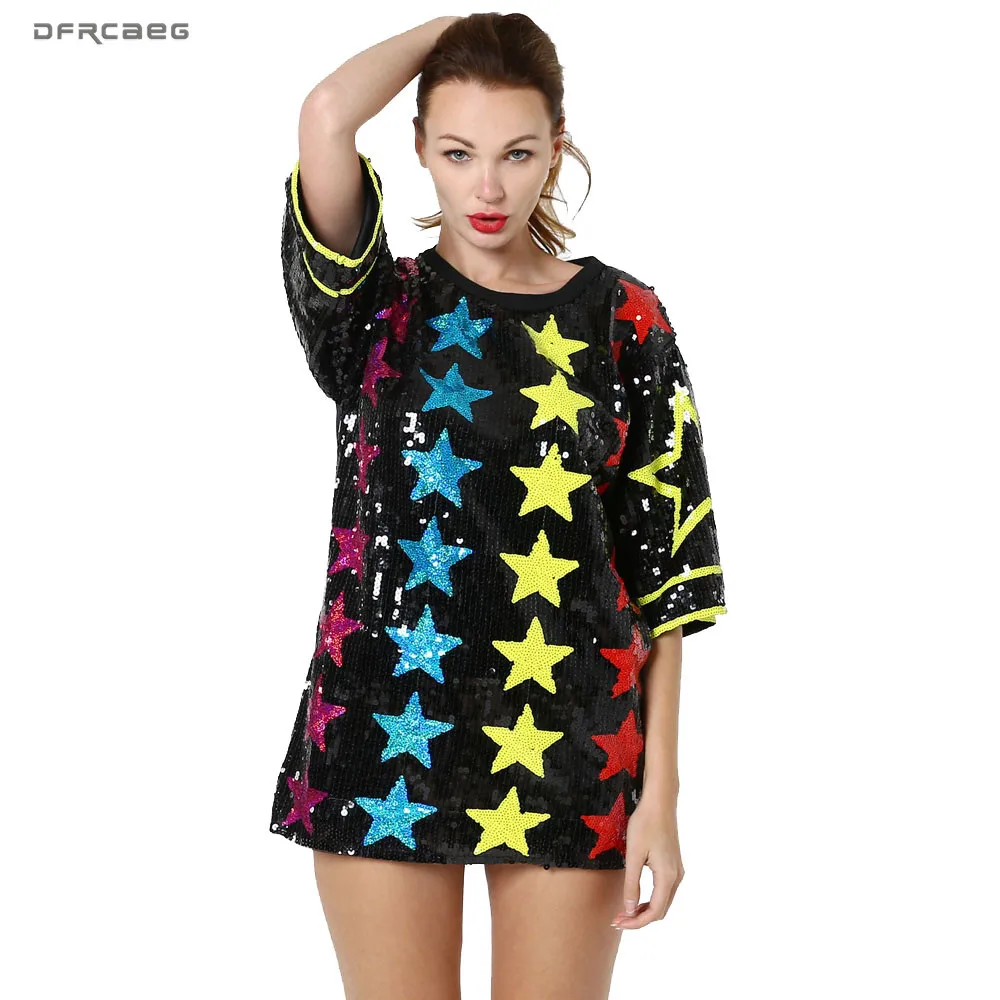 Женское платье рубашка с блестками Steetwear 2019 летние в стиле хип хоп Футболка