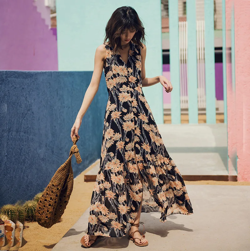 Платье женское черное без рукавов в пол с винтажным принтом | Женская одежда