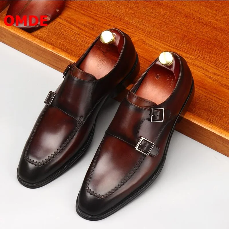 

OMDE Fashion Genuine Leather Loafers Men Monk Strap Formal Shoes Designer Brand Buckles Business Office Shoes Male Wedding Shoes