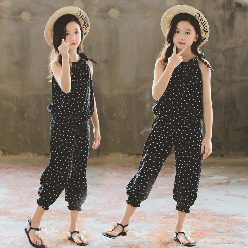 Комплект одежды в горошек для девочек розовая и черная футболка без рукавов топы