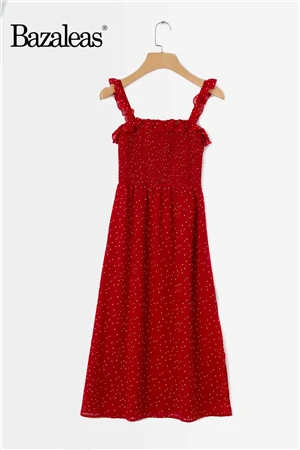 N111 red dot Bazaleas винтажное модное летнее платье с оборками платье с разрезом vestido тонкое красное платье с принтом в горошек на тонких бретельках платье миди Прямая - Цвет: N111 red dot