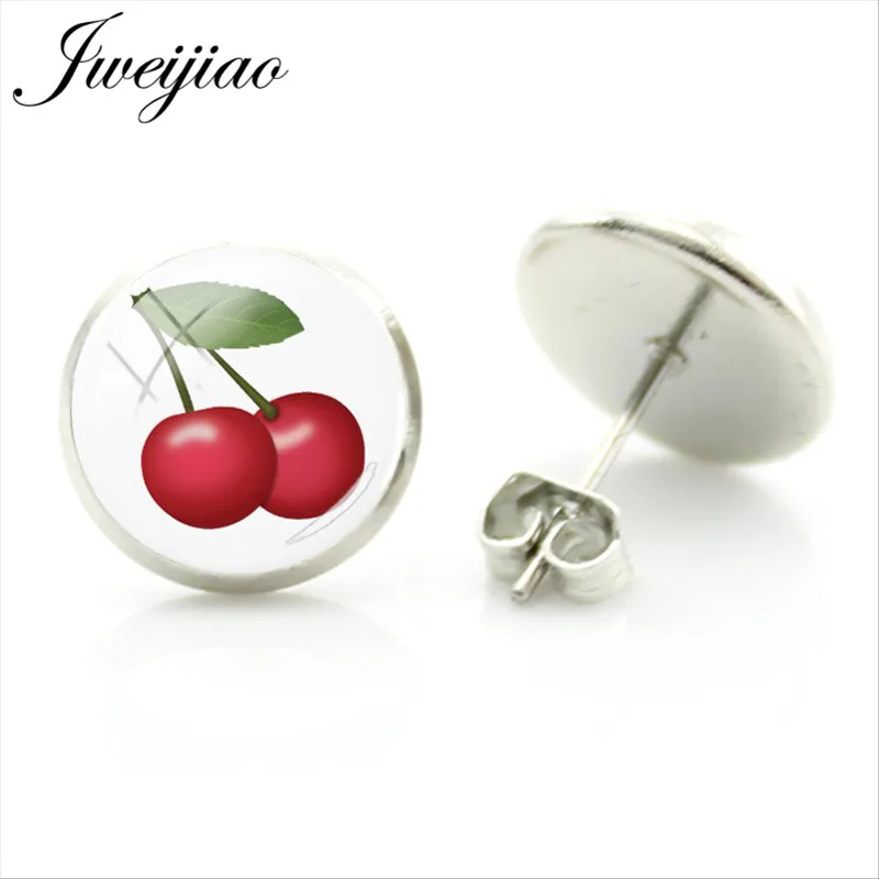 

JWEIJIAO Cute Lovely Red Cherry Earrings Green Leaf vegetable and fruit Stud Earrings For Girl Woman Boucle D'oreille Femme VF01