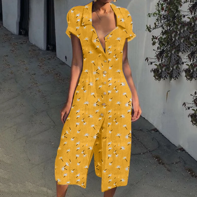 Летний комбинезон с принтом в стиле бохо Свободный коротким рукавом и v образным