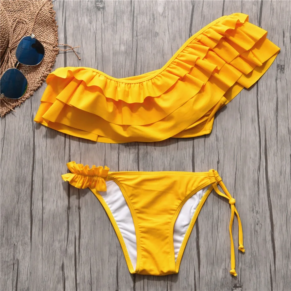 

New Arrival Bikini Set 2018 One Shoulder Swimsuit Ruffle Swimwear Women Solid Padded Women's Swimming Suit New Sexy Beachwear