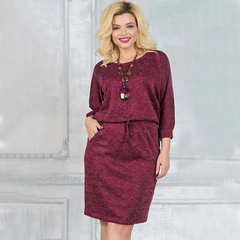 Женские повседневные пояса три четверти рукав платье дамы O шеи до колена 2018