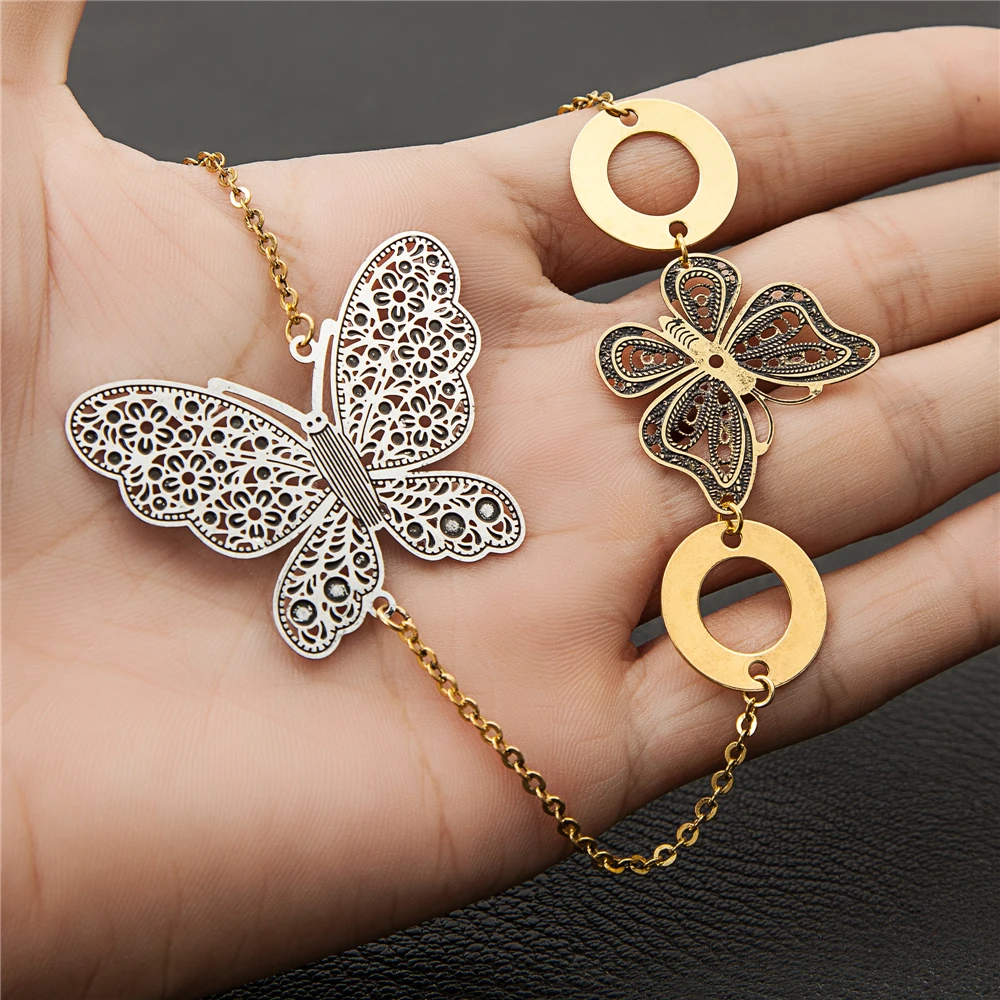 Модные Bijoux древних Золото Серебро цепи ожерелья бабочки выдалбливать Подвески