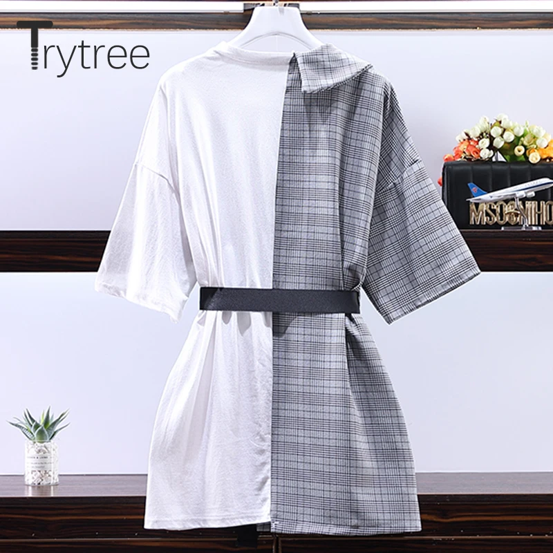 Летняя асимметричная женская футболка Trytree клетчатые рубашки в стиле пэчворк