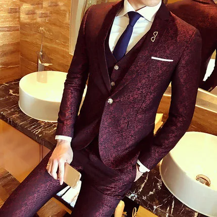 

Wedding Dress Suits for Men Slim Fit 3 Piece Set (Jacket+Vest+Pants) 3XL Plus Size Mens Burgundy Floral Jacquard Boys Prom Suit