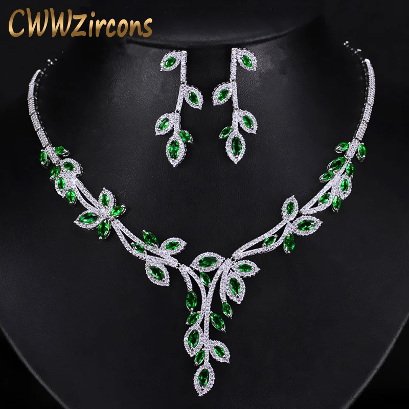 Женский комплект из колье и серёг с зеленым фианитом|jewelry sets for women|wedding jewelry setsbridal