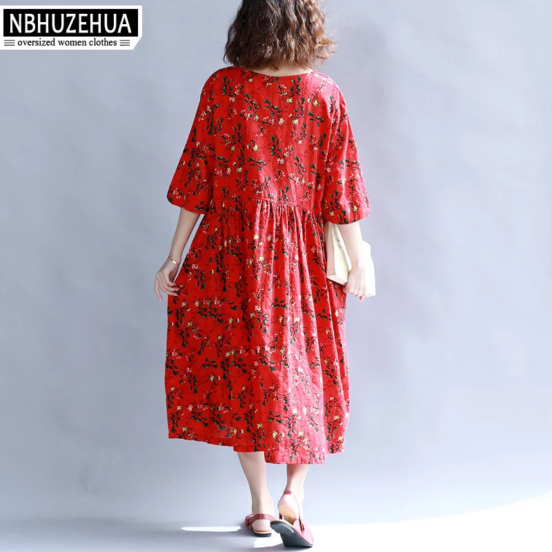NBHUZEHUA 7G645 Mori Girl Стиль женские платья Большой размер цветочный Красный платье плюс