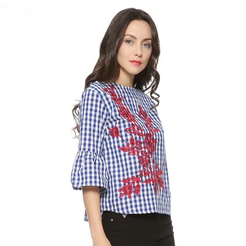 Женщины цветочные вышивка плед блузка полный хлопок три четверти flare рукавом