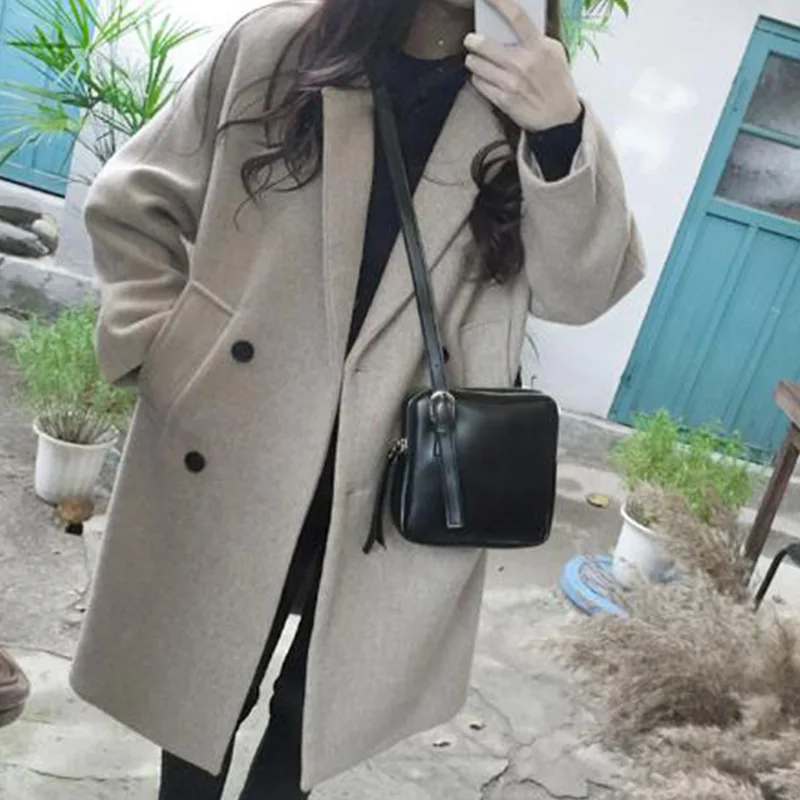 Женское двубортное пальто однотонное с длинным рукавом и карманами 2019 | Женская