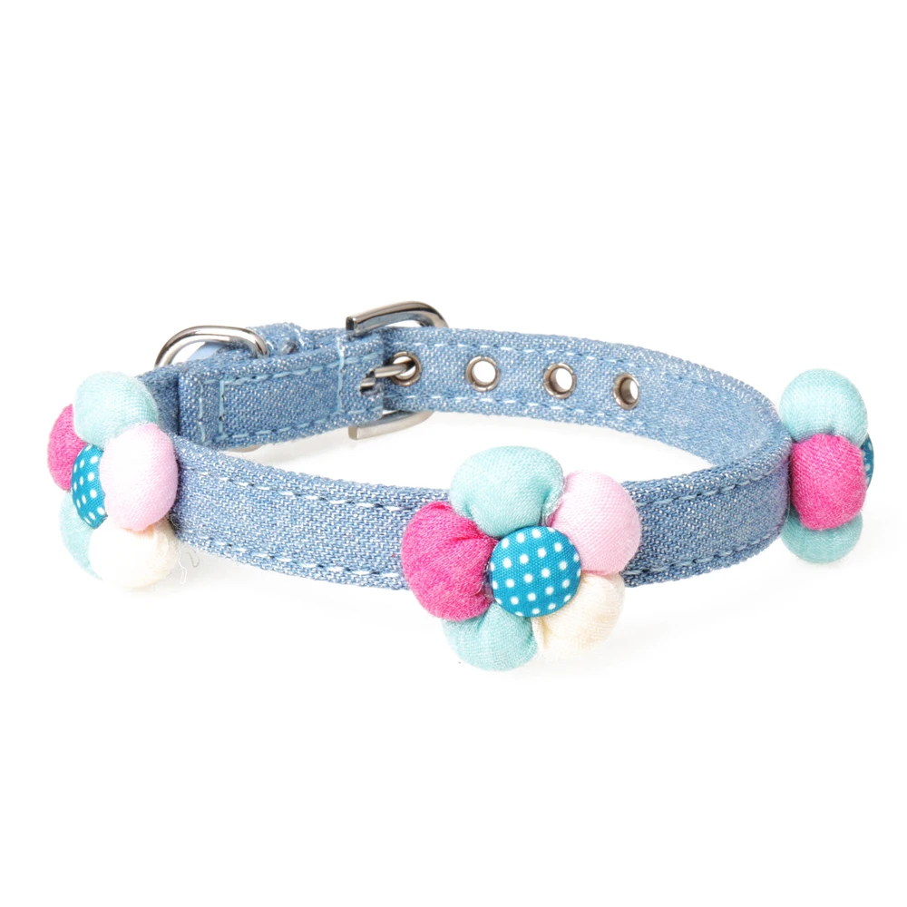 Handmade Small Pet Cat Dog Collar Soft Jean Chihuahua Puppy Kitten Choker Flower Charm Adjustable | Дом и сад