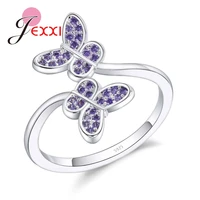 high quality noble purple crystal ring for wedding engagement double butterfly open rings adjustable 925 sterling silver jewelry