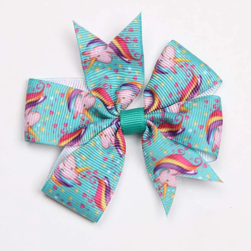 30 шт. Cartton Grosgrain ленты банты, заколки для волос 3 ''Единорог узор Луки с зажимы «крокодил» для школьницы Бутик волос лук