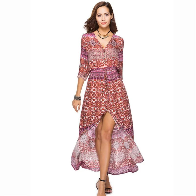 Boho длинное пляжное платье, летнее женское платье-туника на пуговицах, платье с разрезом спереди, купальный костюм, накидка, купальник, юбка, халат De Plage A52 - Цвет: 273