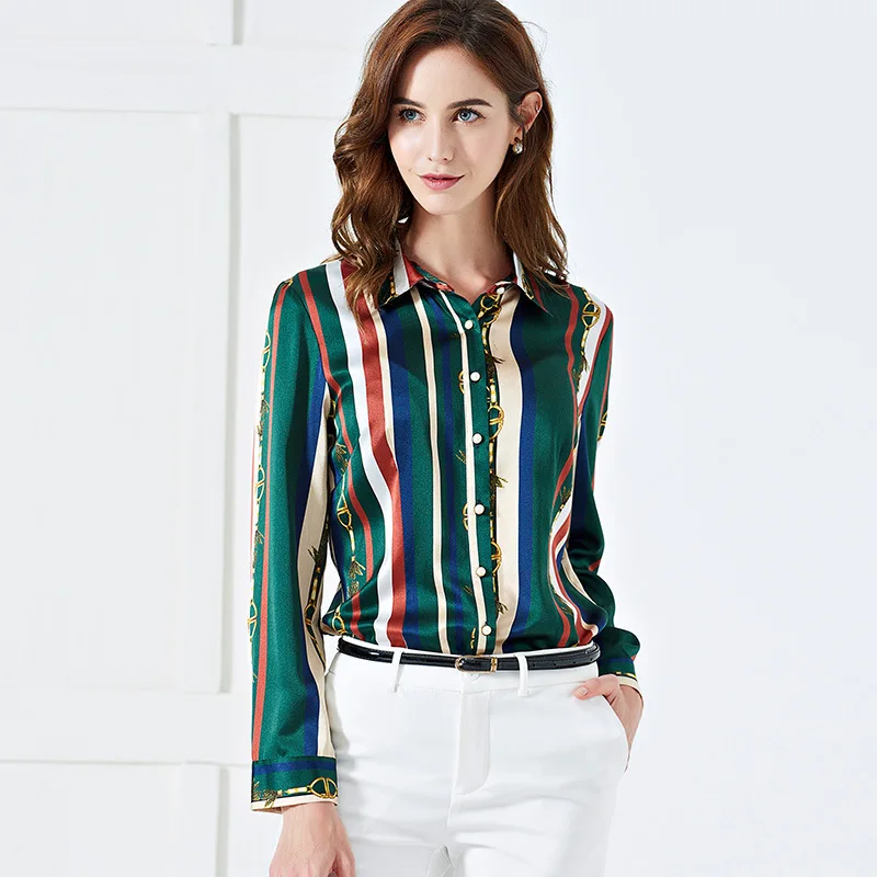 100% Mulberry Silk Shirt/Satin Blouses/Shirt Woman Long Sleeve/Slim Stripe Summer Ladies Tops/Personalized Printed Women's Shirt |