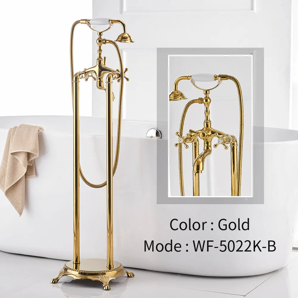 Gold WF-5022K-B Смесители для ванной роскошный золотой Латунный смеситель дождь для ванной комнаты ручной евро напольный стенд телефон для ванной смеситель для душа WF-5021K - Цвет: Gold WF-5022K-B