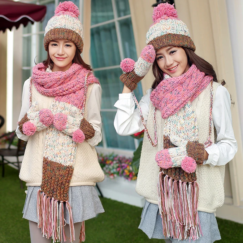 

CIVICHIC Top Grade Winter Warm Set Knit Hat Scarf Gloves Girl Velvet Pompon Headwear Beanies Tassel Shawl Thicken Mittens SH177