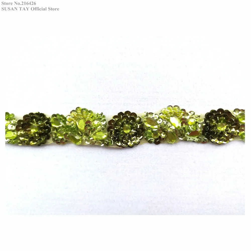 New Handmade Light Green Sequined Beaded Stoned 3D Flower Lace Ribbon Trims Dancing Dress Costume Wedding Decoration 1Yard BT77E | Дом и сад